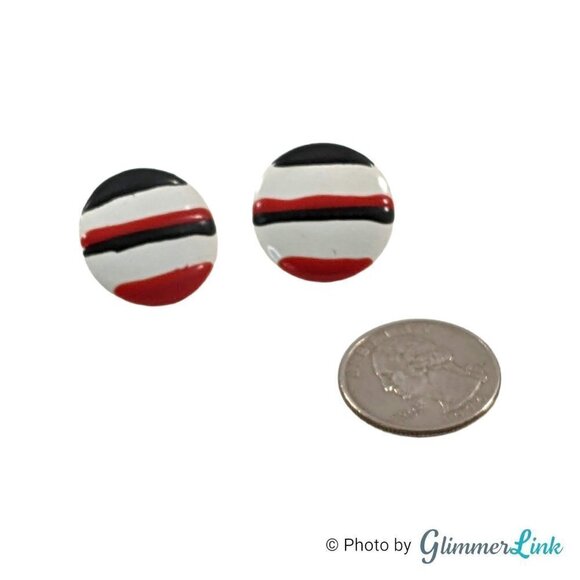 Vintage Fun Striped Black Red & White Enamel Circle Earrings - Picture 3 of 9